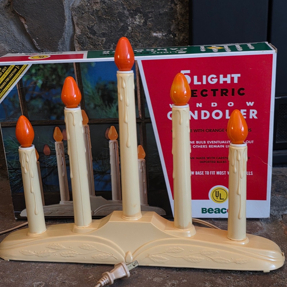 Vintage Beacon 5 Light Electric Window Candolier Orange Bulbs Christmas Decor